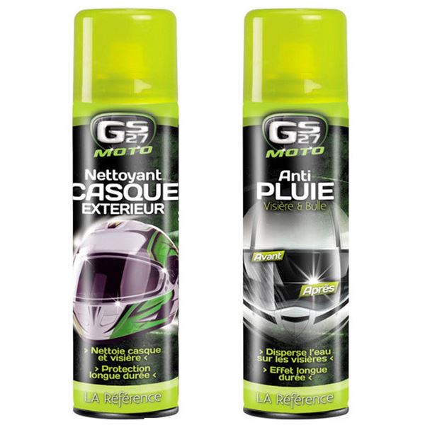 Lot nettoyant extérieur casque 250ML + Anti-Pluie visière 250ML pour 2 roues GS27 Lot nettoyant extérieur casque 250ML + Anti-Pluie visière 250ML pour 2 roues GS27