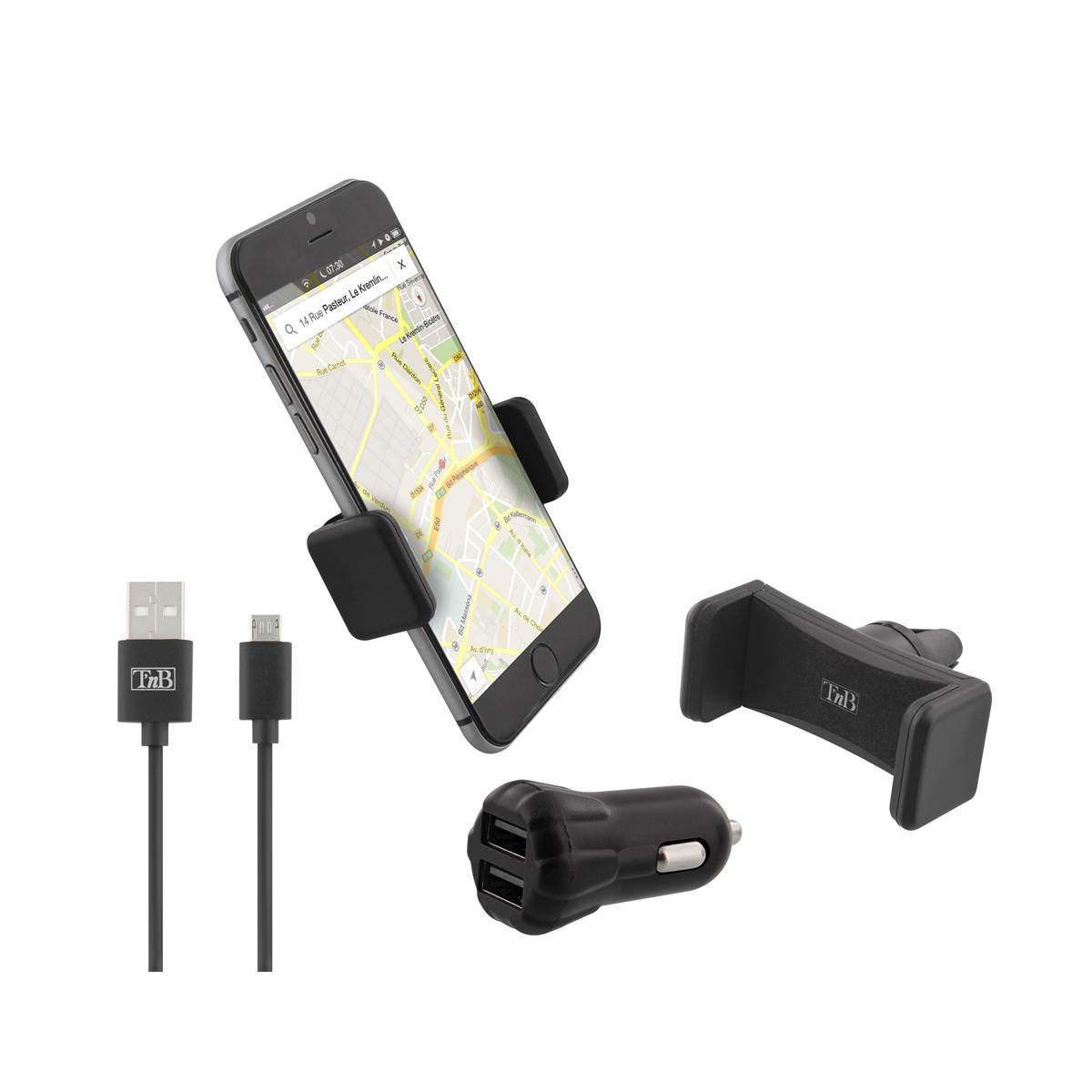 Pack allume-cigare + câble micro USB + support grille T'nB