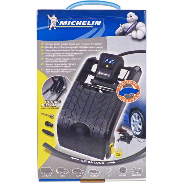 Pompe à Pied Michelin Double Cylindre Avec Manomètre Numérique - Gonflage Pneus Voiture, Vélos, Balles